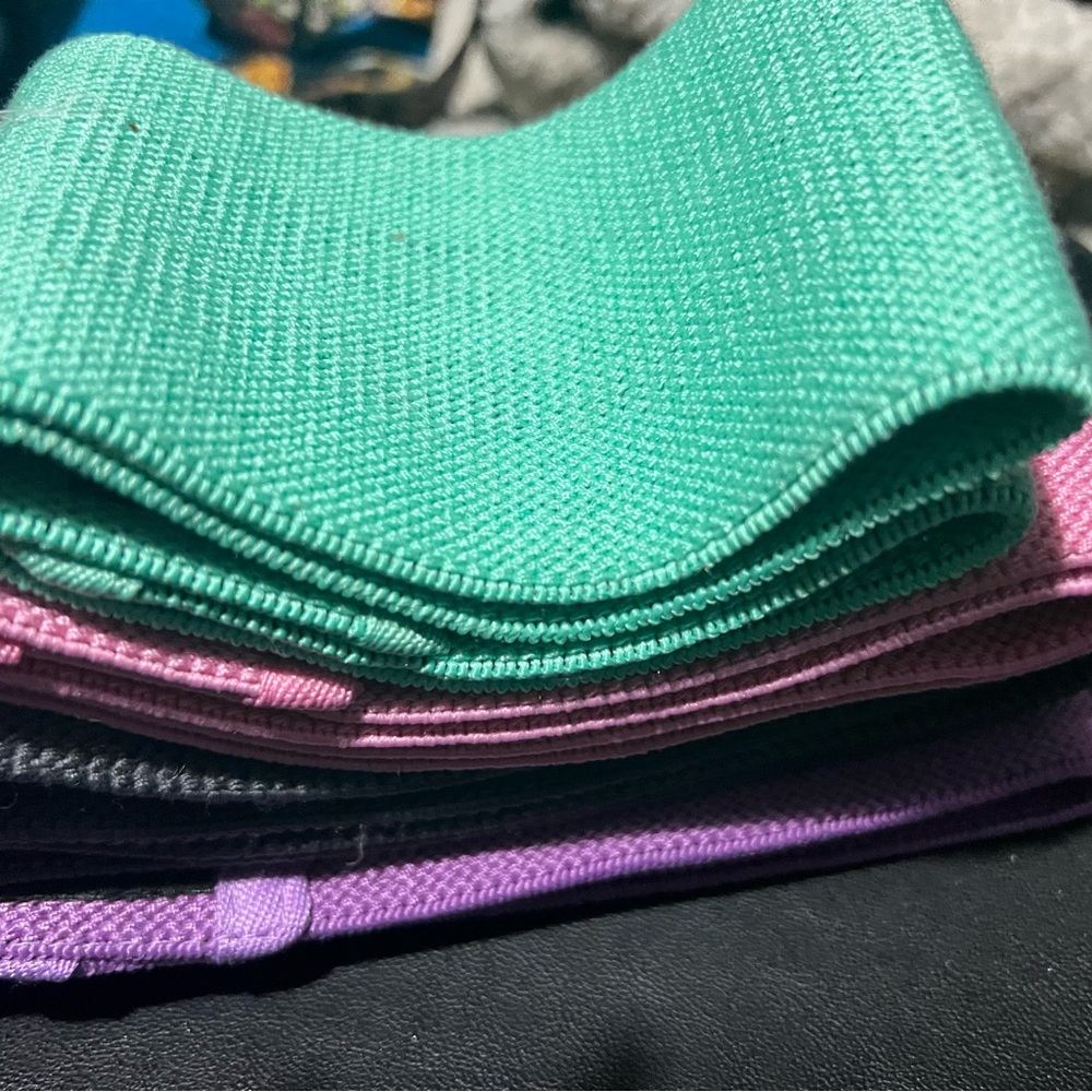 Set of Three Resistance Bands in Green, Pink, and Purple